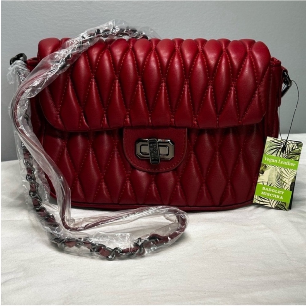 NWT $149 Badgley Mischka Red Quilted Shoulder Bag with Chain Strap